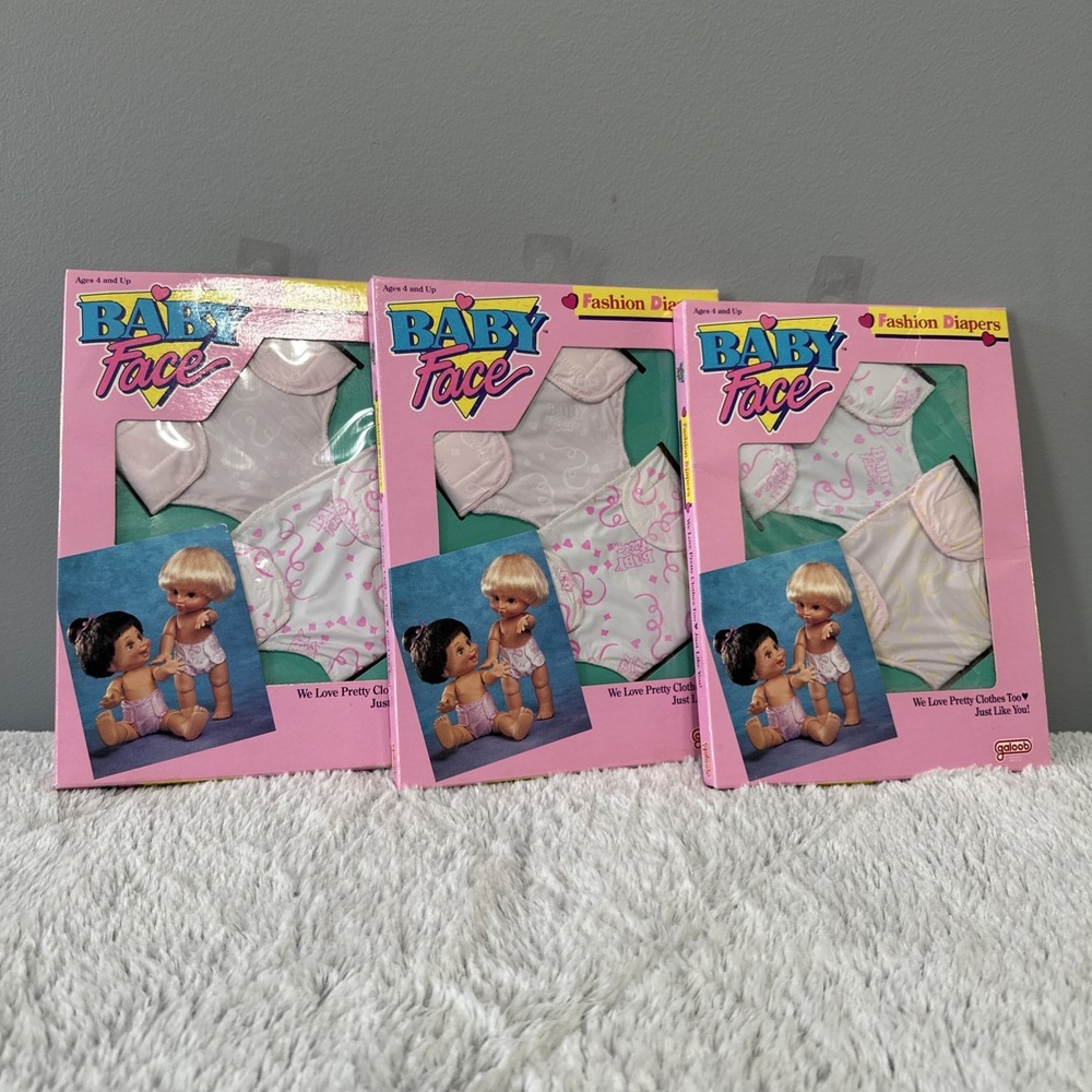 3 Vintage Galoob Baby Face Pack of 2 Diapers NEW IN PACKAGE White & Pink pack